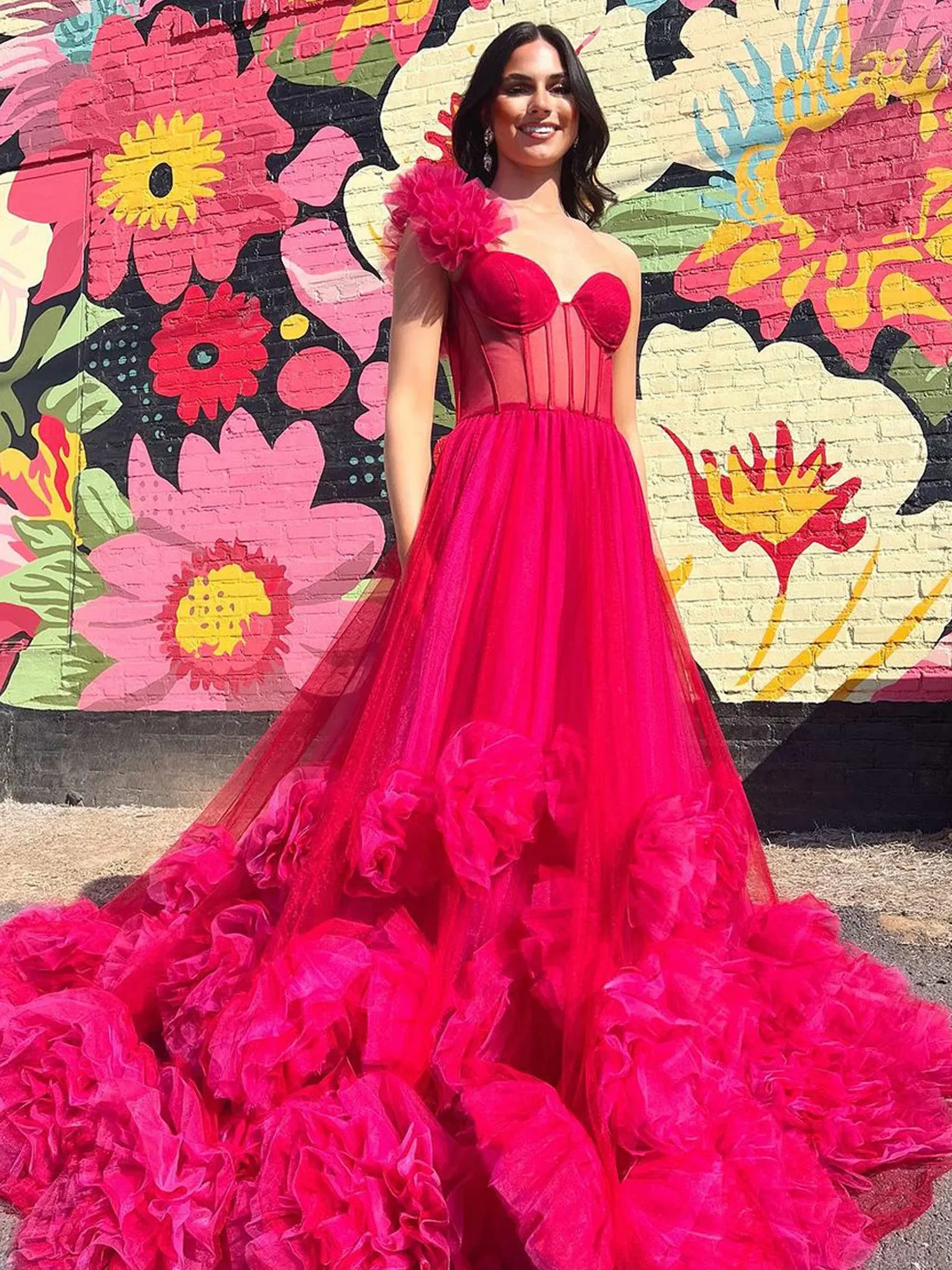 Fran | Hot Pink Ball Gown One-Shoulder Tulle Prom Dresses sold by KissProm