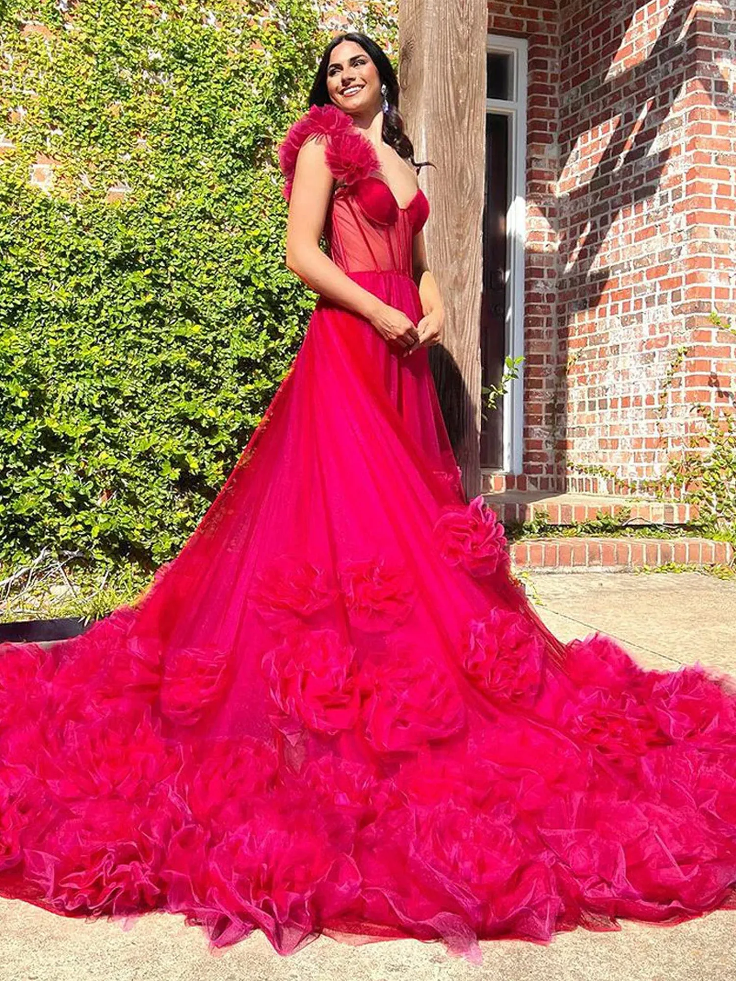 Fran | Hot Pink Ball Gown One-Shoulder Tulle Prom Dresses sold by KissProm product image thumbnail 2