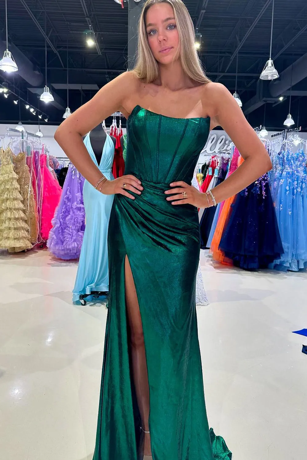 Dark Green Strapless Sheath Satin Long Prom Dress With Split sold by KissProm product image thumbnail 3