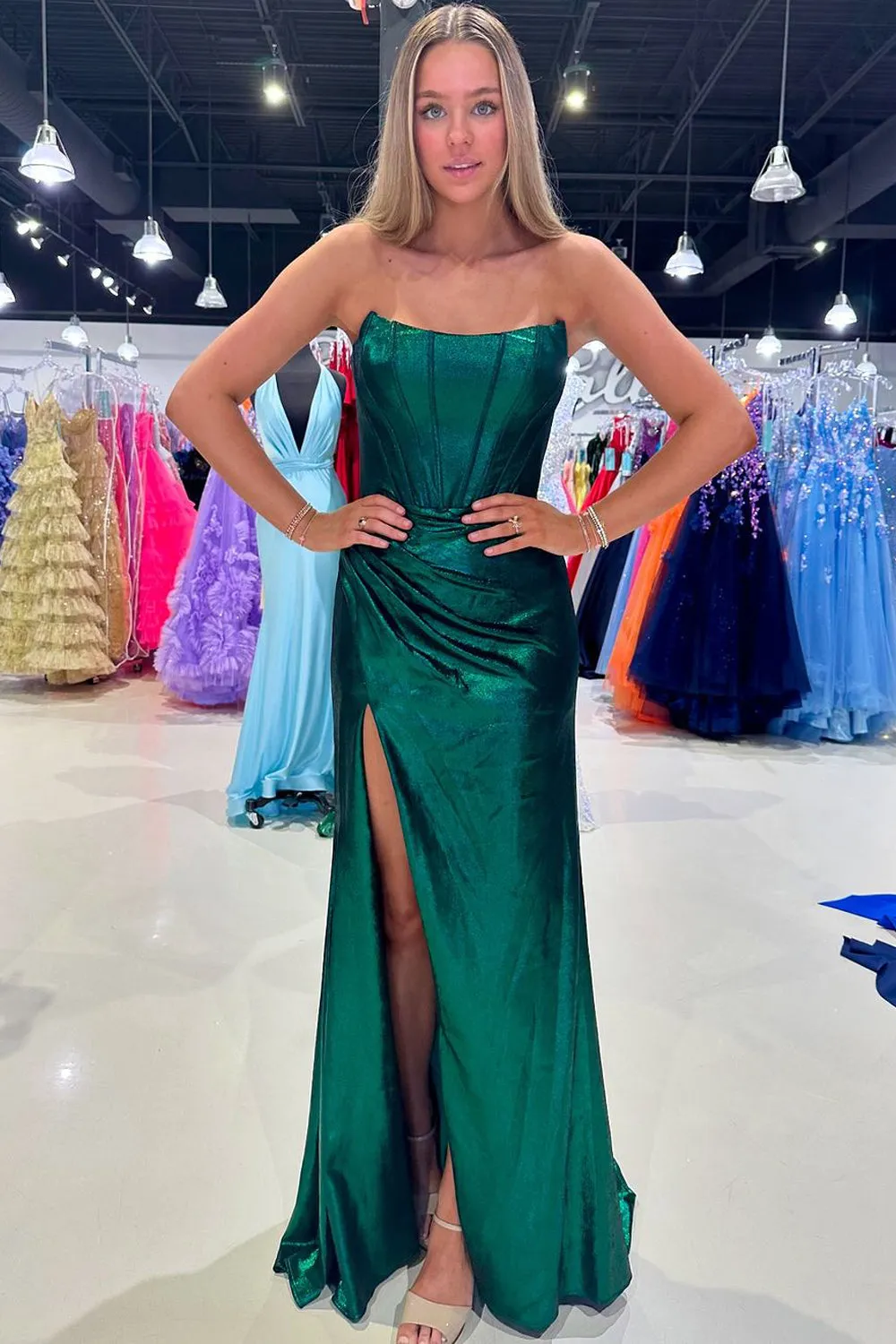 Dark Green Strapless Sheath Satin Long Prom Dress With Split sold by KissProm