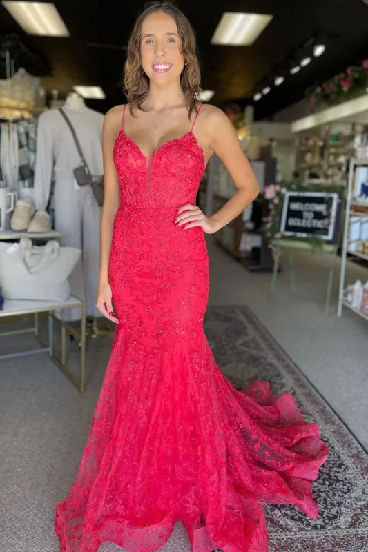 Kanika | Hot Pink V Neck Mermaid Lace Prom Dresses sold by KissProm