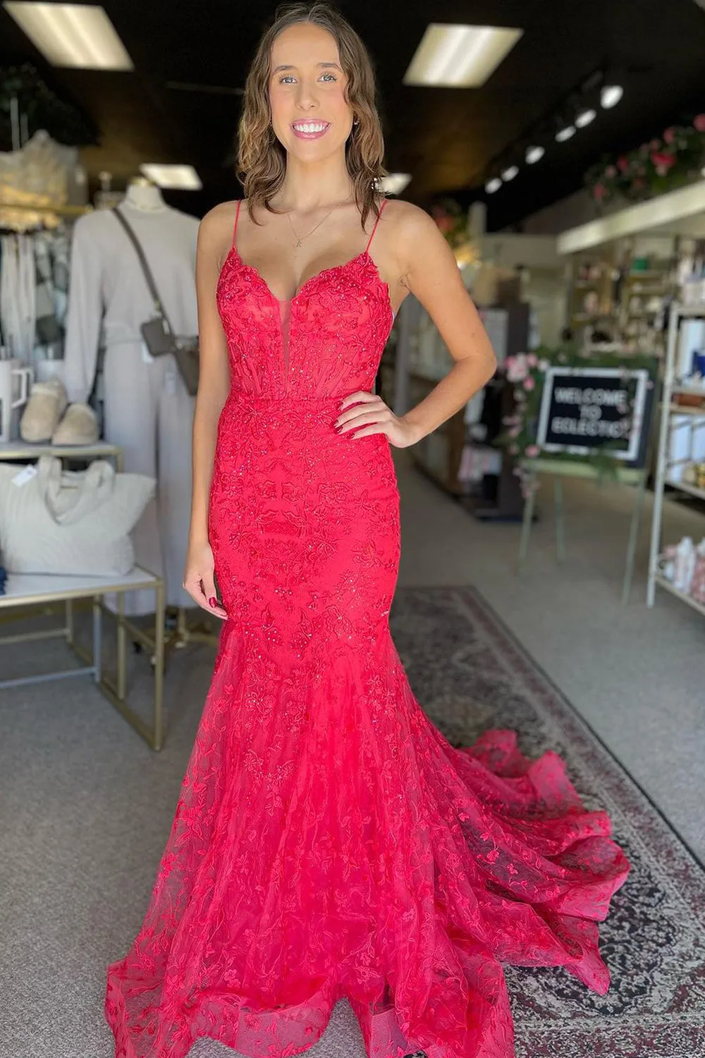 Kanika | Hot Pink V Neck Mermaid Lace Prom Dresses sold by KissProm