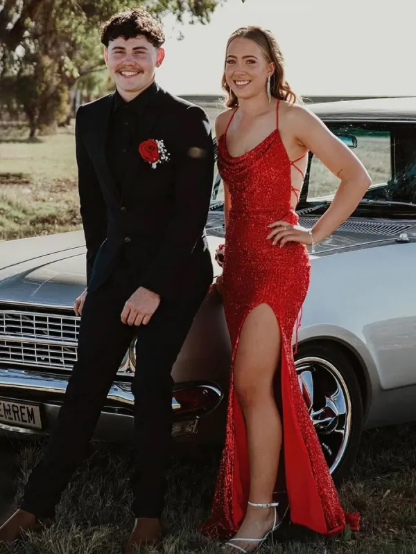 Gemini | Red Halter Mermaid Sequins Prom Dress With Split sold by KissProm