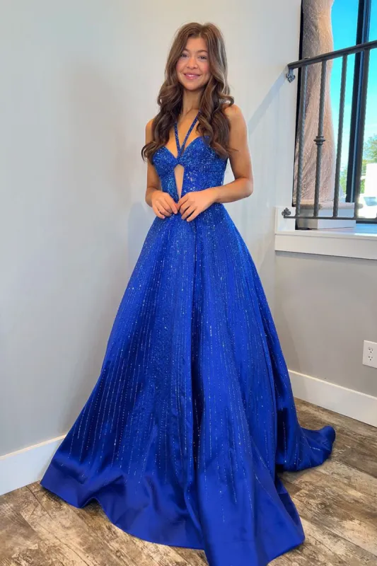 Adelisa | A Line V Neck Royal Blue Satin Prom Dresses with Beading sold by KissProm
