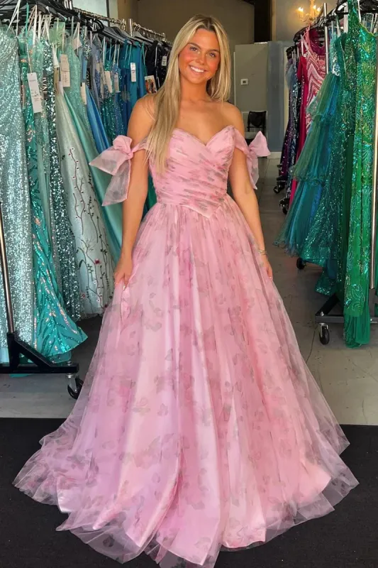 Adhara | Pink A Line Off the Shoulder Floral Printed Long Prom Dresses sold by KissProm