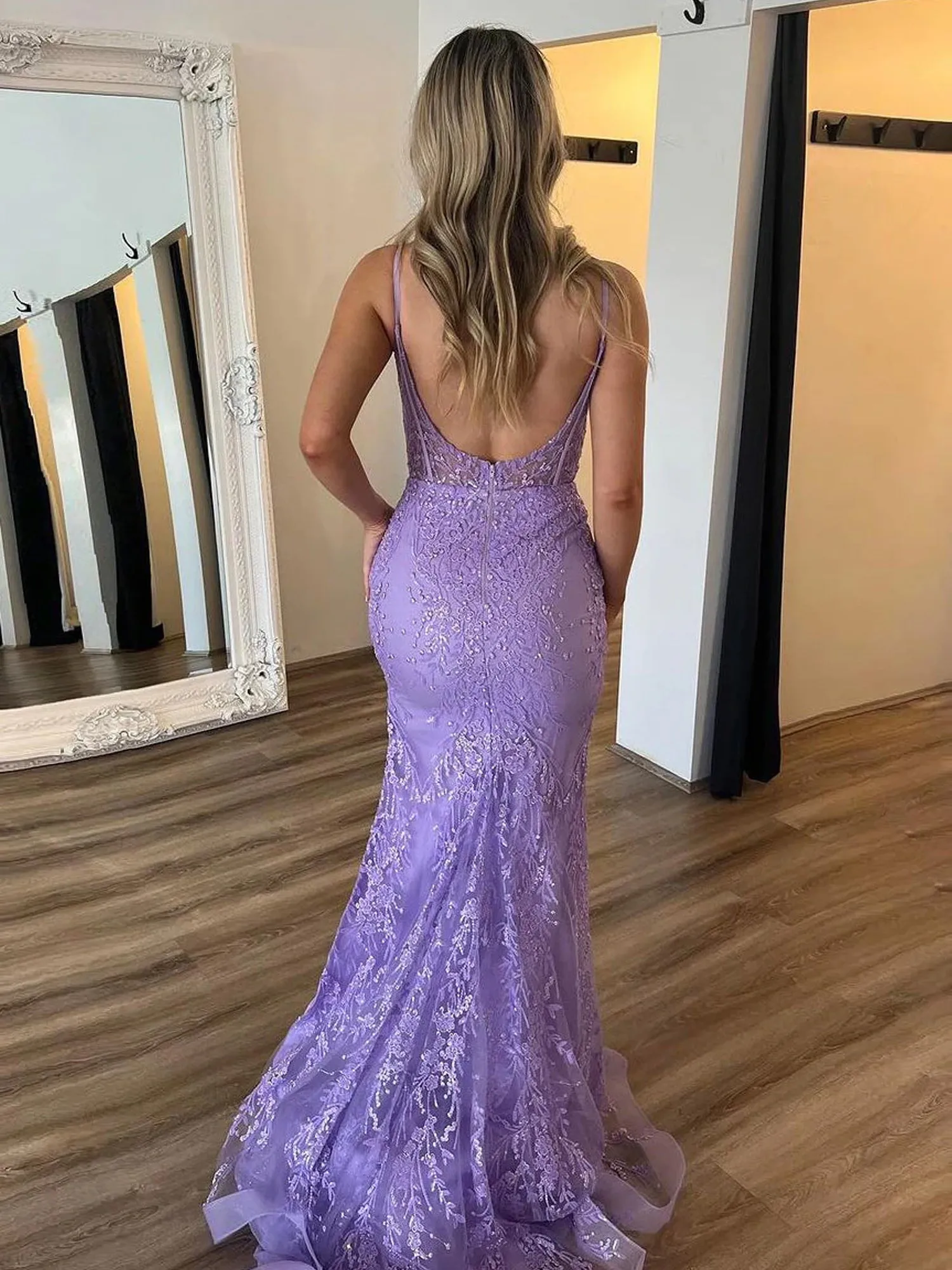 Rodney | Lilac V Neck Lace Mermaid Long Prom Dress With Appliques sold by KissProm product image thumbnail 2