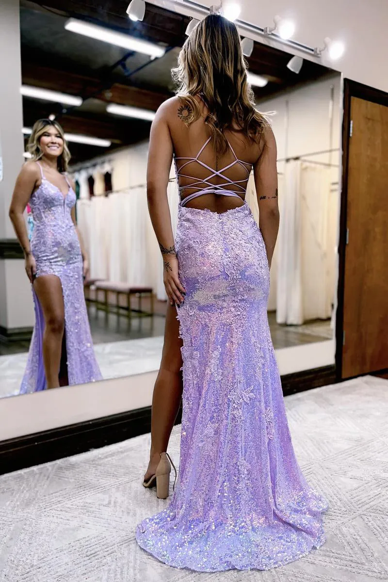 Lilac Spaghetti Straps Sequin Lace Long Prom Dresses With Split sold by KissProm product image thumbnail 2