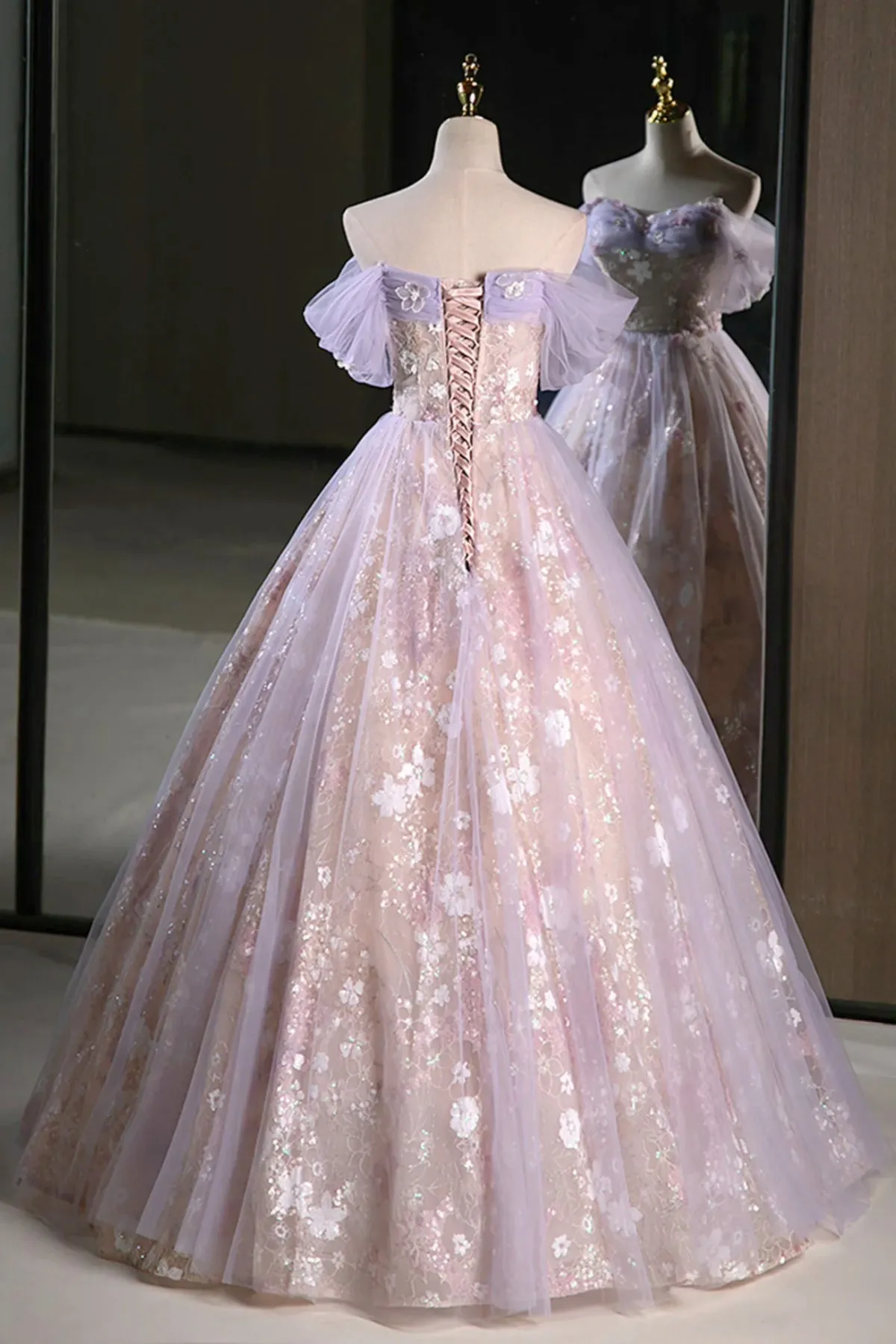 Lilac Off The Shoulder Tulle A Line Prom Dress With Appliques sold by KissProm product image thumbnail 2