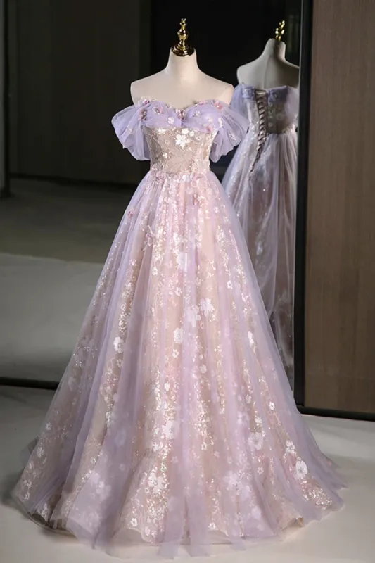 Lucasta | Lilac Off The Shoulder Tulle A Line Prom Dress With Appliques sold by KissProm