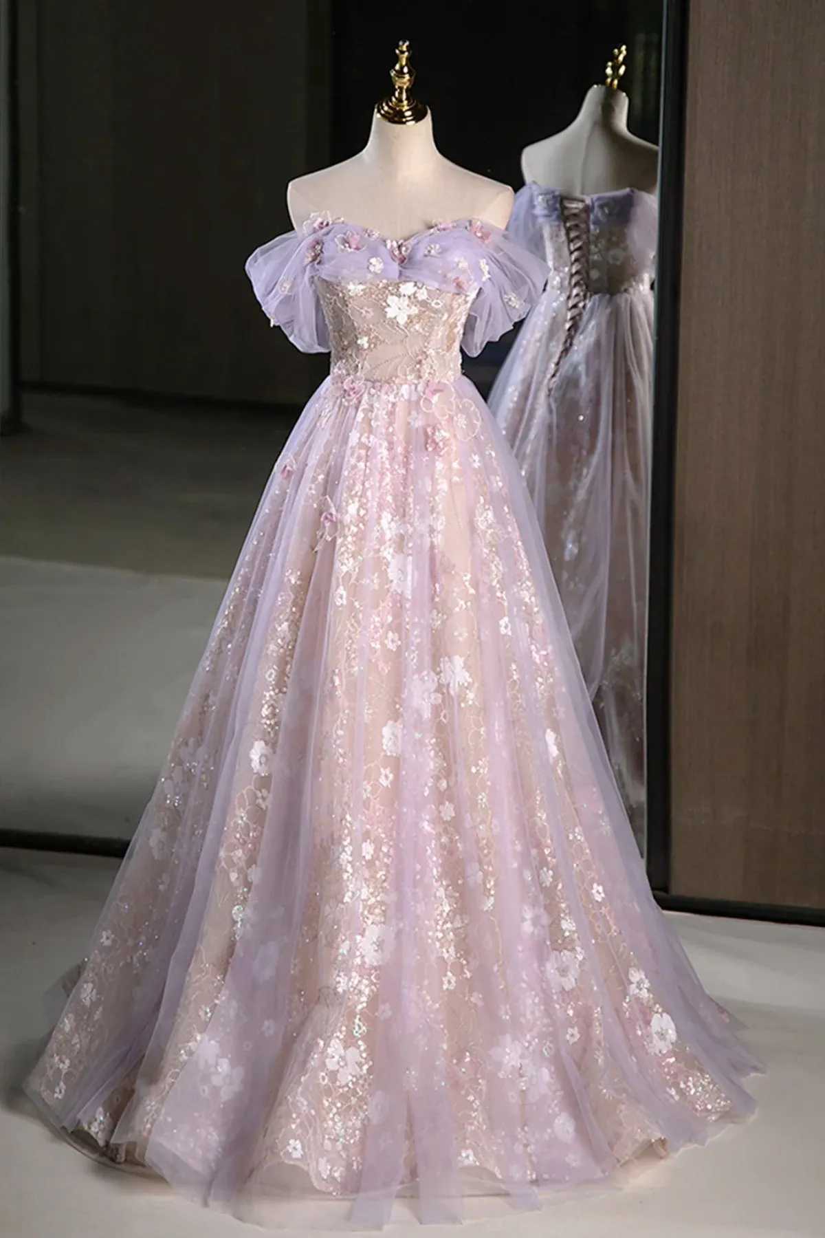 Lilac Off The Shoulder Tulle A Line Prom Dress With Appliques sold by KissProm