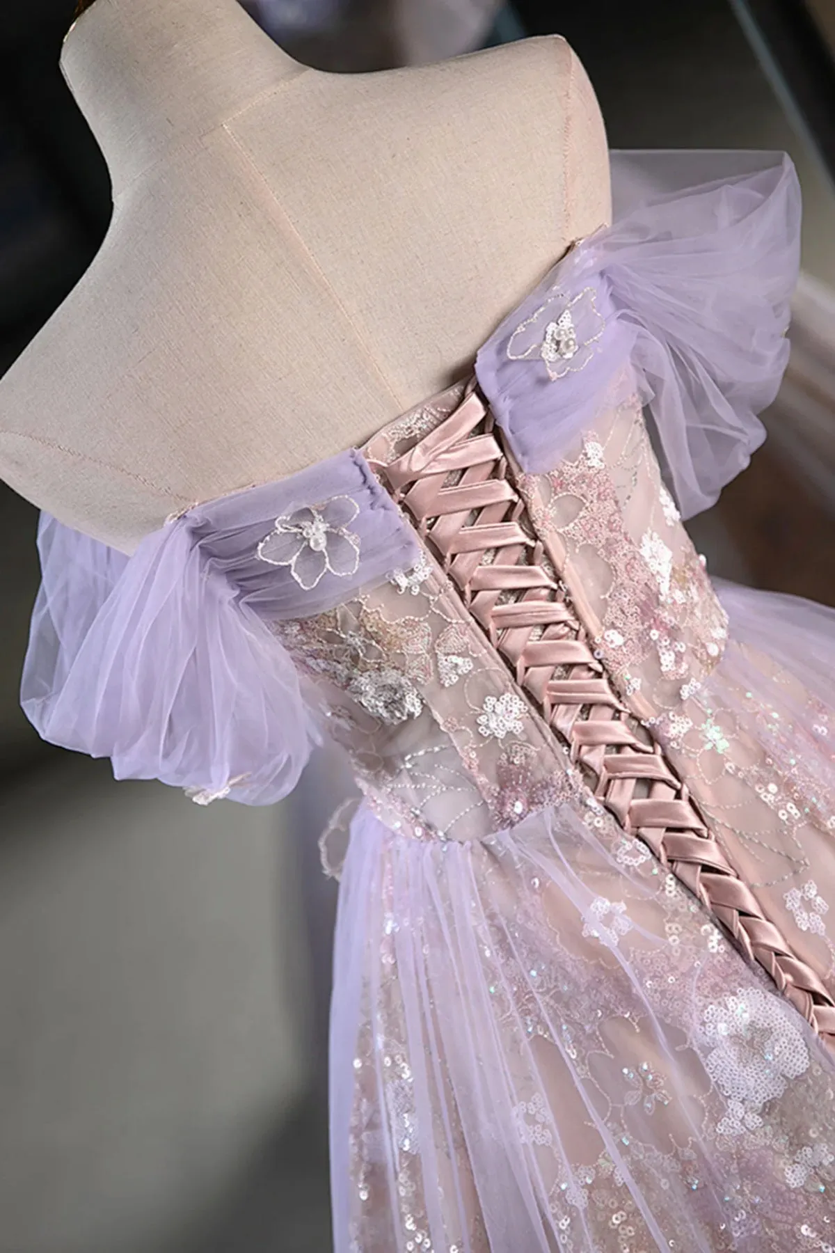 Lilac Off The Shoulder Tulle A Line Prom Dress With Appliques sold by KissProm product image thumbnail 5