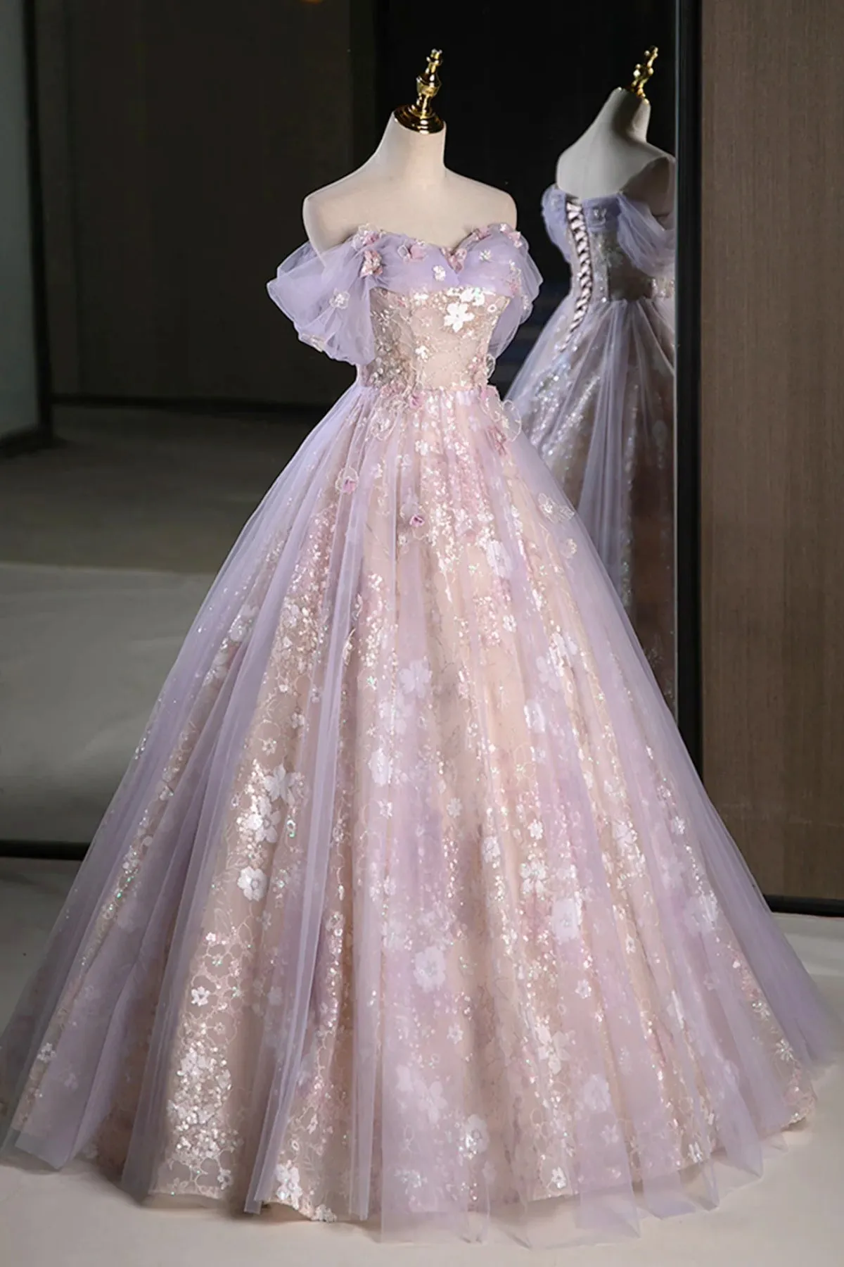 Lilac Off The Shoulder Tulle A Line Prom Dress With Appliques sold by KissProm product image thumbnail 3