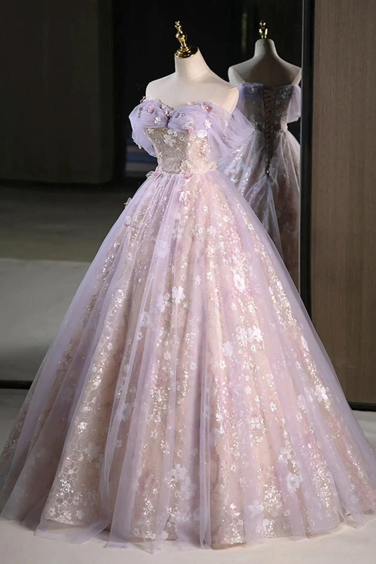 Lilac Off The Shoulder Tulle A Line Prom Dress With Appliques sold by KissProm product image thumbnail 4