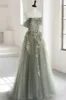 Eosinia | Gray Green Off The Shoulder Tulle Prom Dress With Appliques sold by KissProm