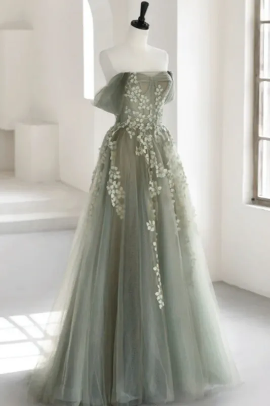 Eosinia | Gray Green Off The Shoulder Tulle Prom Dress With Appliques sold by KissProm
