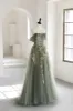 Eosinia | Gray Green Off The Shoulder Tulle Prom Dress With Appliques sold by KissProm