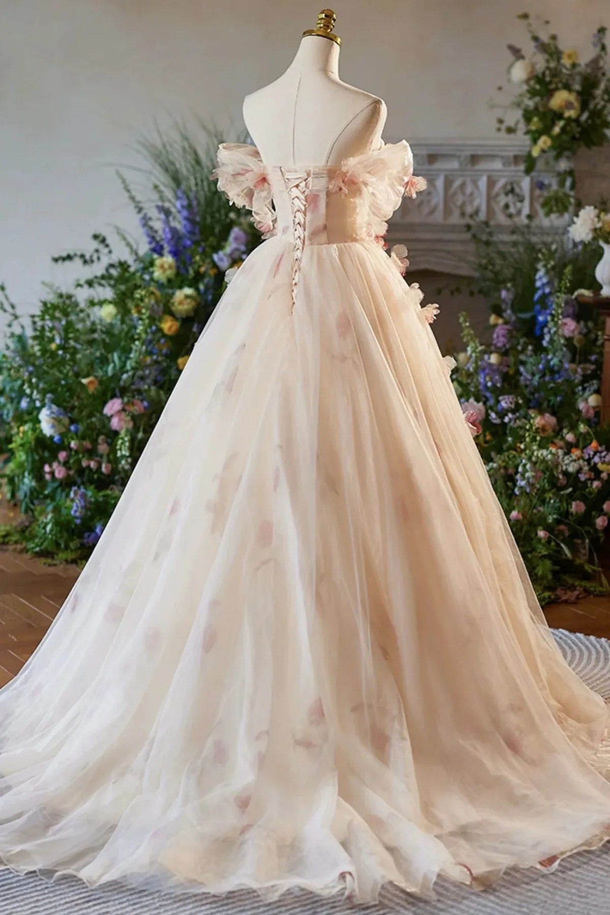 Champagne Off the Shoulder Tulle Floral Floor Length Long Prom Dresses sold by KissProm product image thumbnail 2