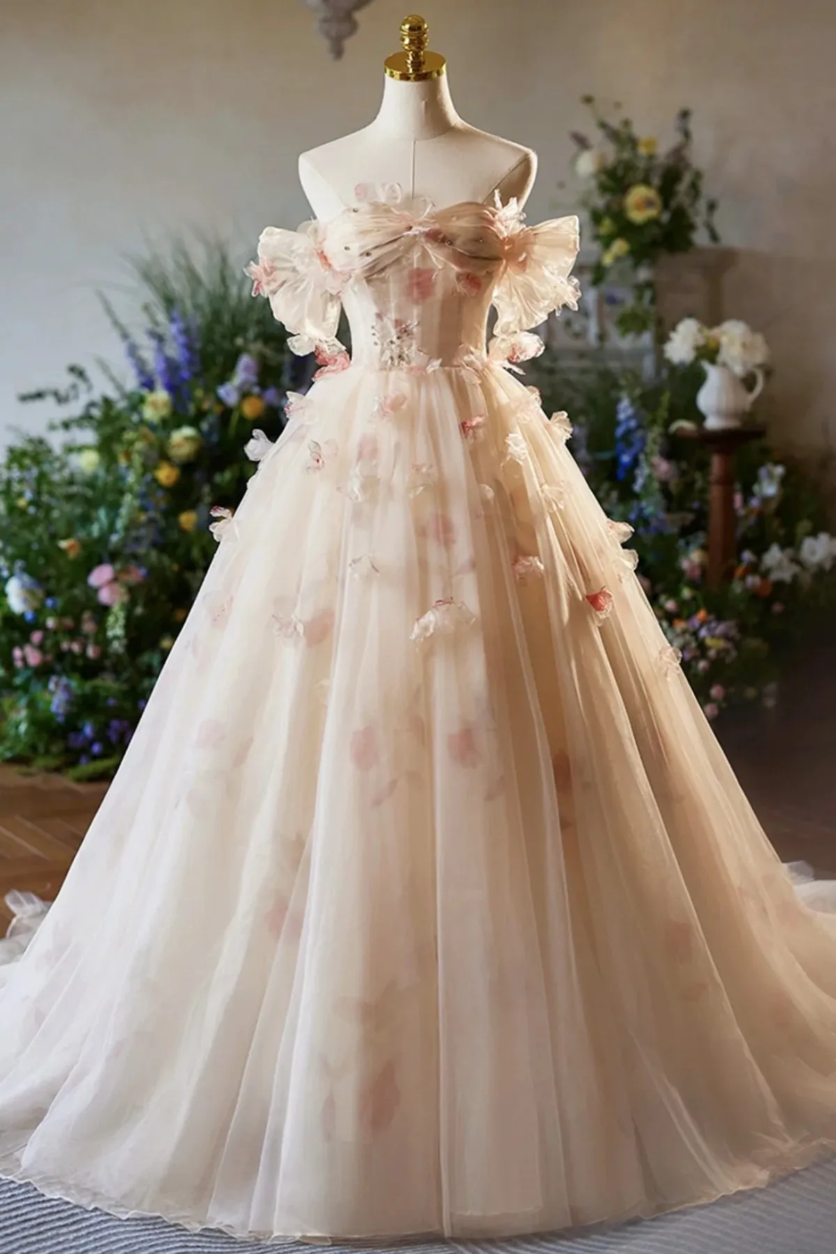 Champagne Off the Shoulder Tulle Floral Floor Length Long Prom Dresses sold by KissProm