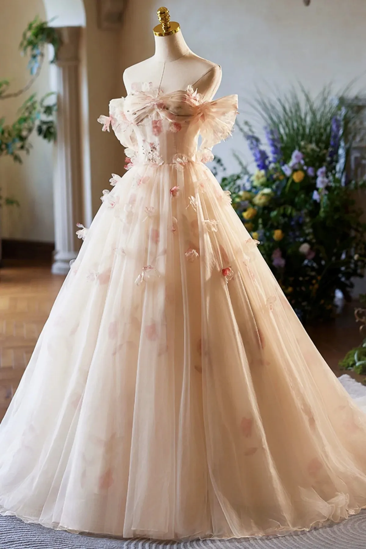 Champagne Off the Shoulder Tulle Floral Floor Length Long Prom Dresses sold by KissProm product image thumbnail 3