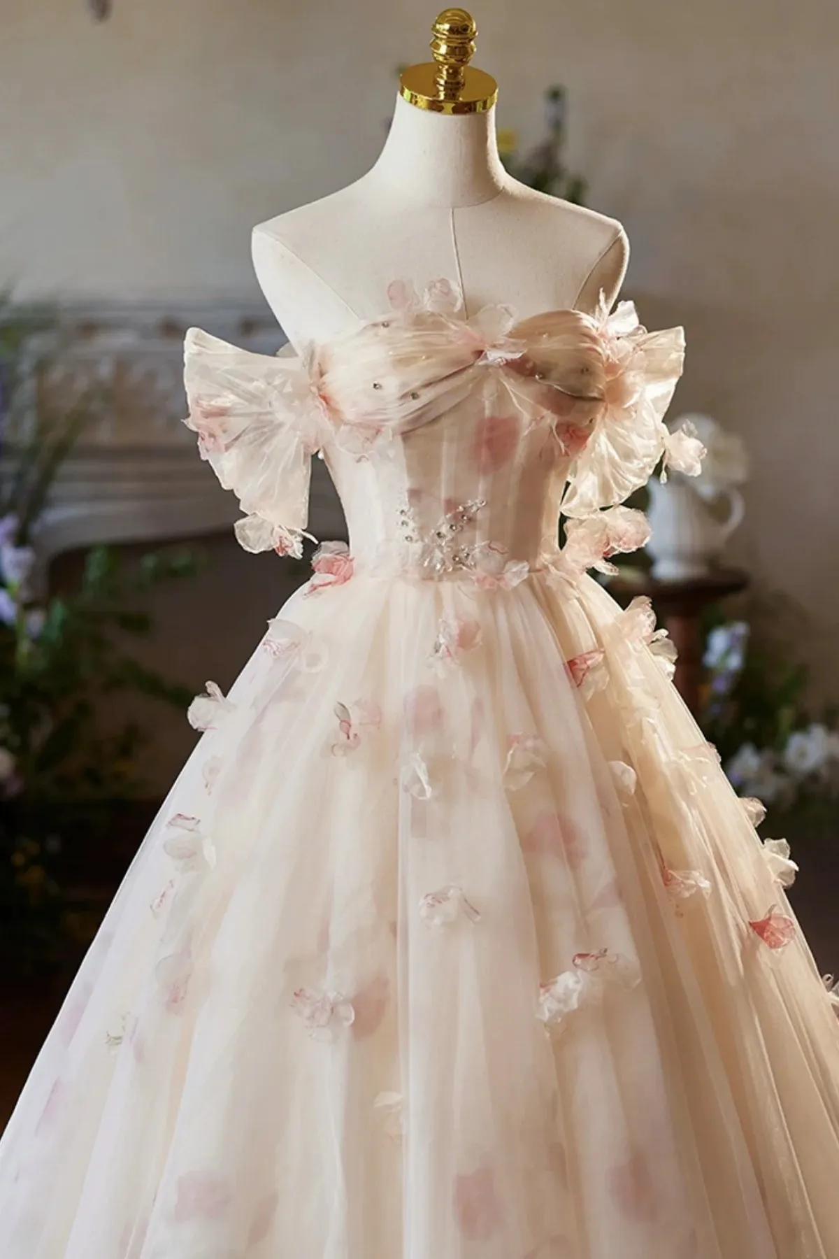 Champagne Off the Shoulder Tulle Floral Floor Length Long Prom Dresses sold by KissProm product image thumbnail 4