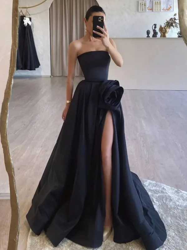 Vanora | Black Strapless Satin Long Prom Dress With High Split sold by KissProm