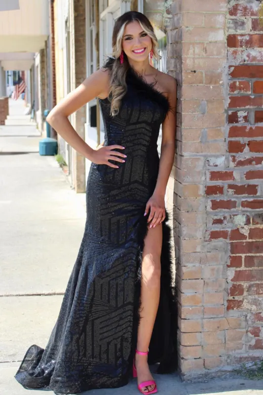 Black One Shoulder Mermaid Sequins Prom Dress With Feather made by KissProm
