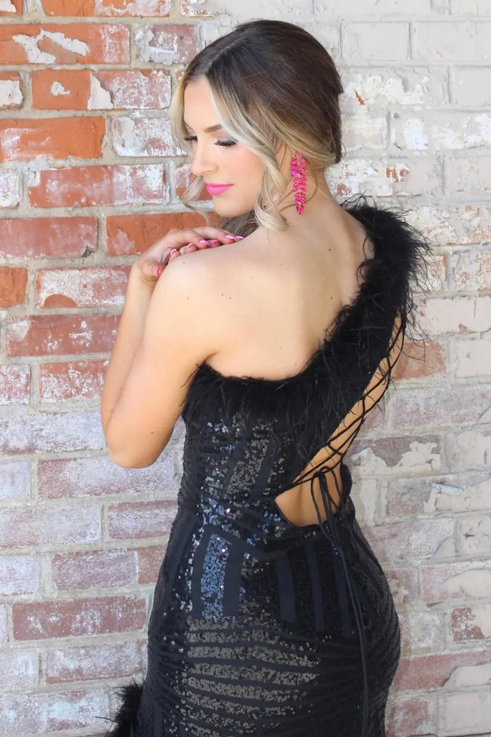 Black One Shoulder Mermaid Sequins Prom Dress With Feather sold by KissProm product image thumbnail 2
