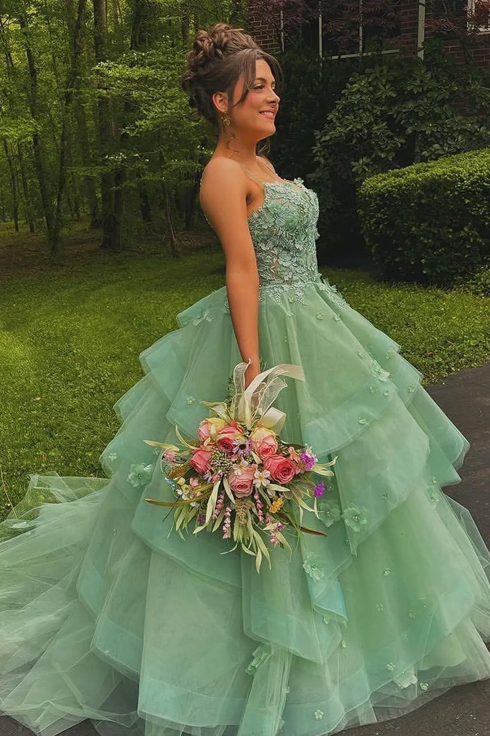 Azurena | Ball Gown Sweetheart Sage Green Tulle Long Prom Dresses with Appliques sold by KissProm product image thumbnail 2