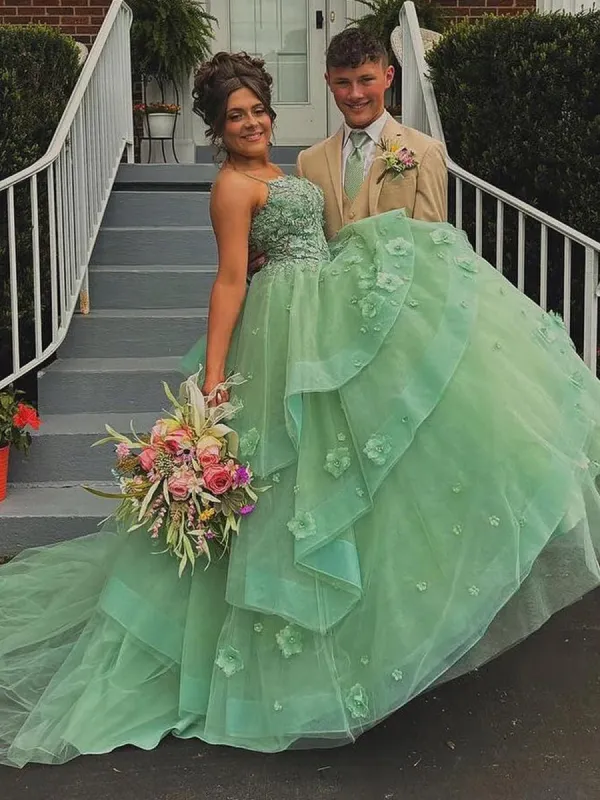Azurena | Ball Gown Sweetheart Sage Green Tulle Long Prom Dresses with Appliques sold by KissProm