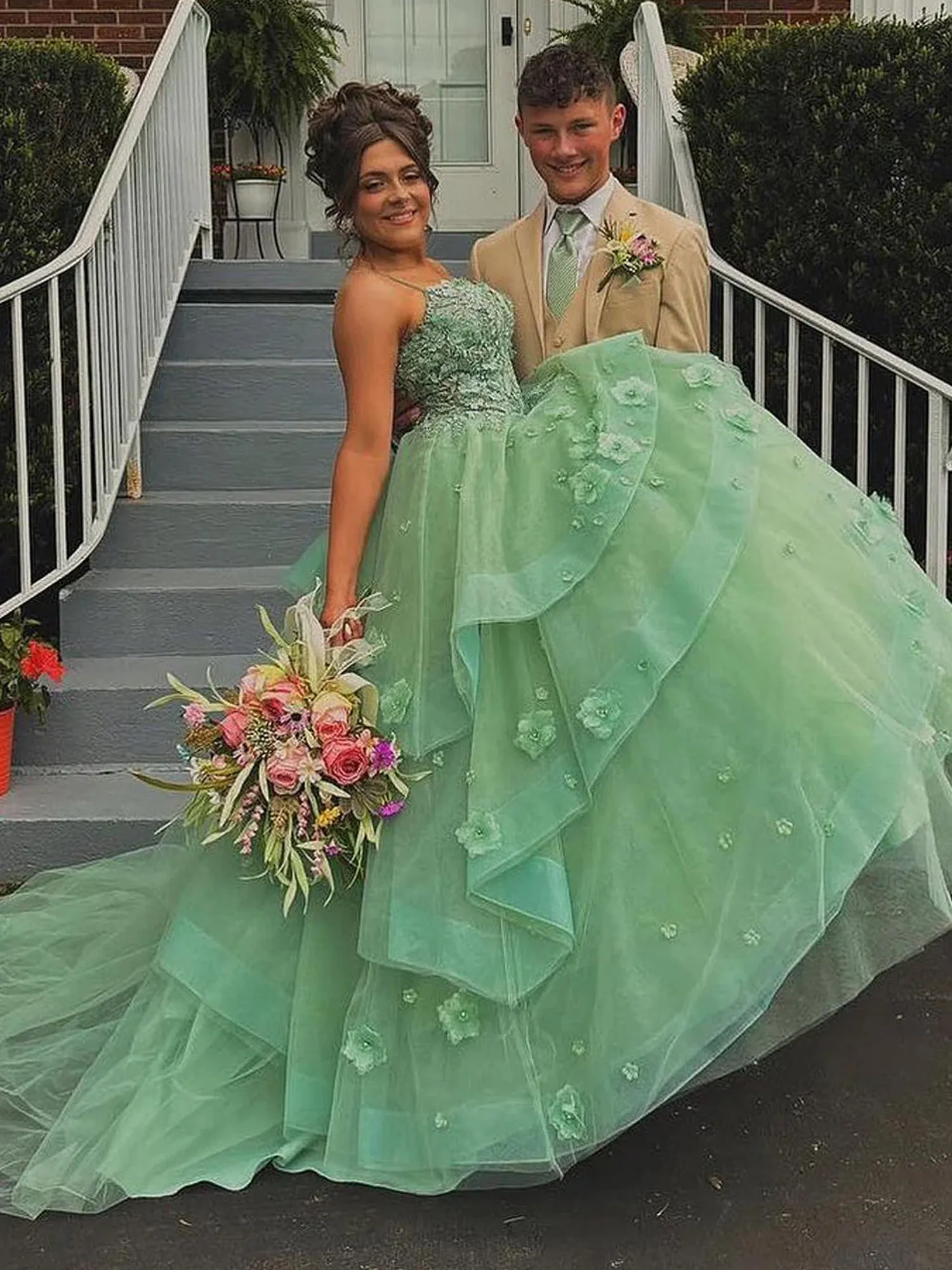 Azurena | Ball Gown Sweetheart Sage Green Tulle Long Prom Dresses with Appliques sold by KissProm
