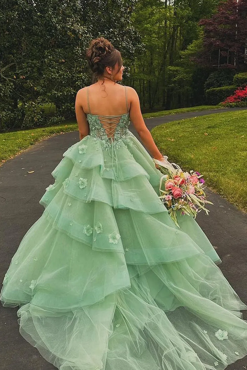 Azurena | Ball Gown Sweetheart Sage Green Tulle Long Prom Dresses with Appliques sold by KissProm product image thumbnail 3