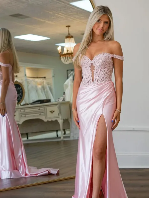 Eseld | Mermaid Sweetheart Pink Satin Long Prom Dresses With Split sold by KissProm