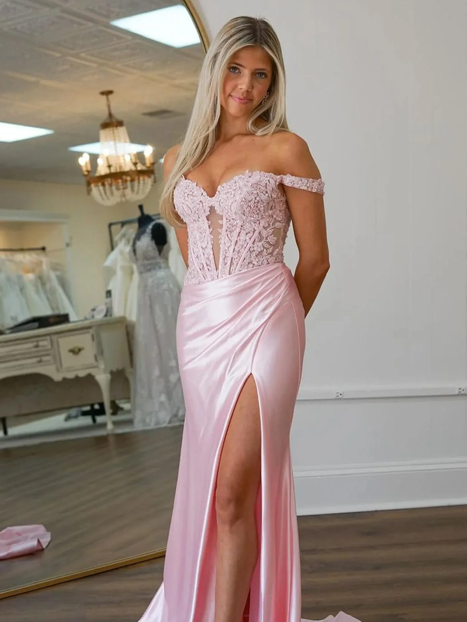 Eseld | Mermaid Sweetheart Pink Satin Long Prom Dresses With Split sold by KissProm product image thumbnail 3