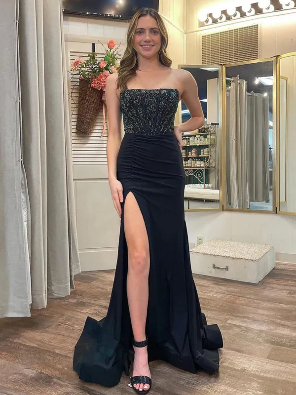 Chime | White Mermaid Strapless Satin Long Prom Dresses With Beading sold by KissProm