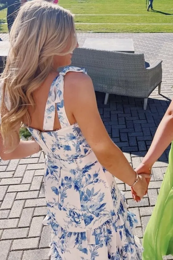 Blue Spaghetti Straps A Line Long Floral Prom Dress sold by KissProm product image thumbnail 3