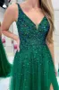 Raquel | V-Neck Hunter Green Beaded Tulle Prom Dress with Slit sold by KissProm