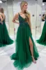 Raquel | V-Neck Hunter Green Beaded Tulle Prom Dress with Slit sold by KissProm