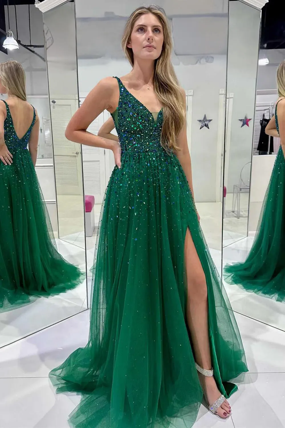 Raquel | V-Neck Hunter Green Beaded Tulle Prom Dress with Slit sold by KissProm