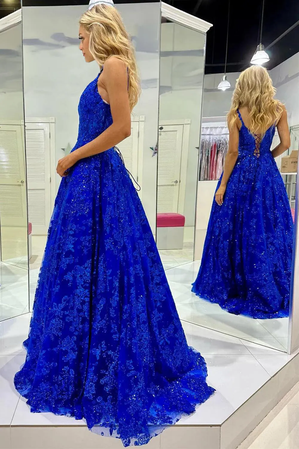 Mikaela | Royal Blue Sequin Lace V-Neck A-Line Long Prom Dress sold by KissProm product image thumbnail 2