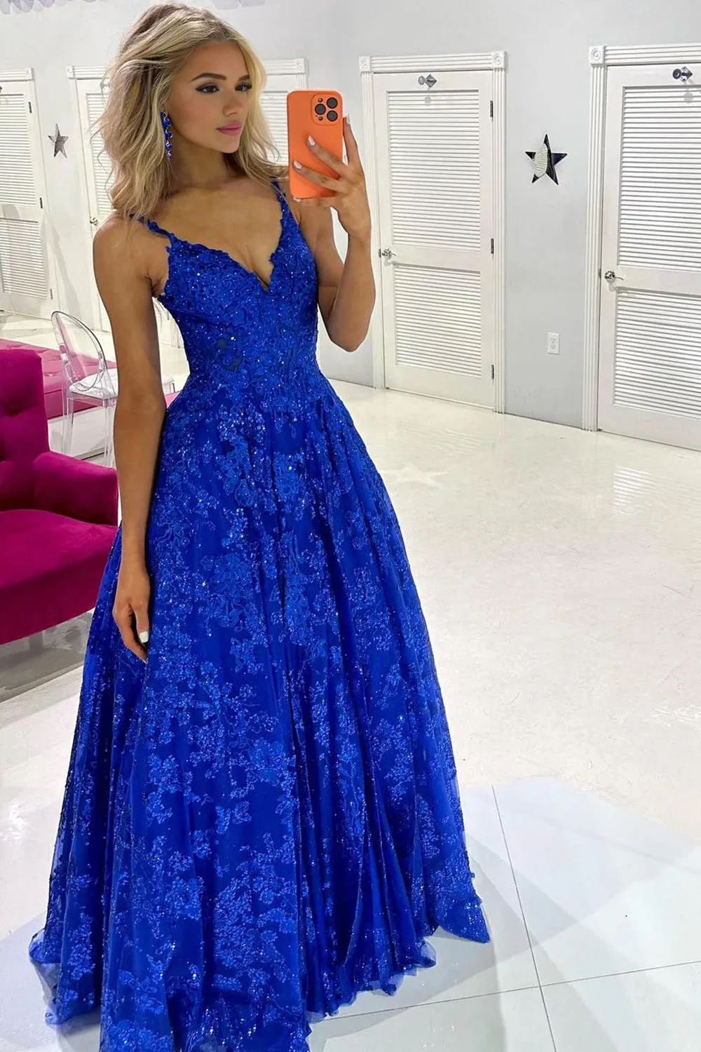 Mikaela | Royal Blue Sequin Lace V-Neck A-Line Long Prom Dress sold by KissProm