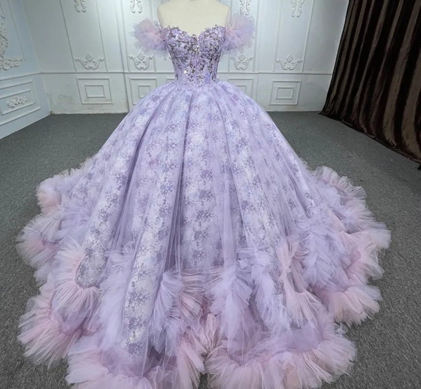 QuinceaƱera lace  Off-the-Shoulder Ball Gown Purple Sequined Dress sold by KissProm