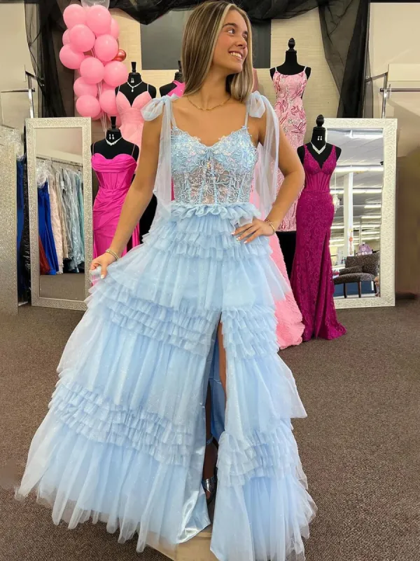 Maylie | Sky Blue Sequines A-line Tulle Prom Dress With Appliques sold by KissProm