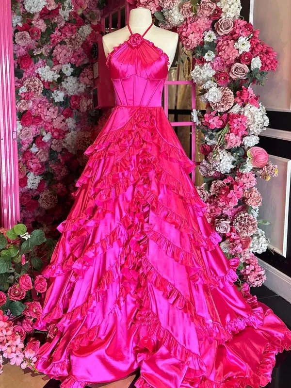 Markel | Fuchsia Halter Neck Tiered Ruffles Long Prom Dress sold by KissProm