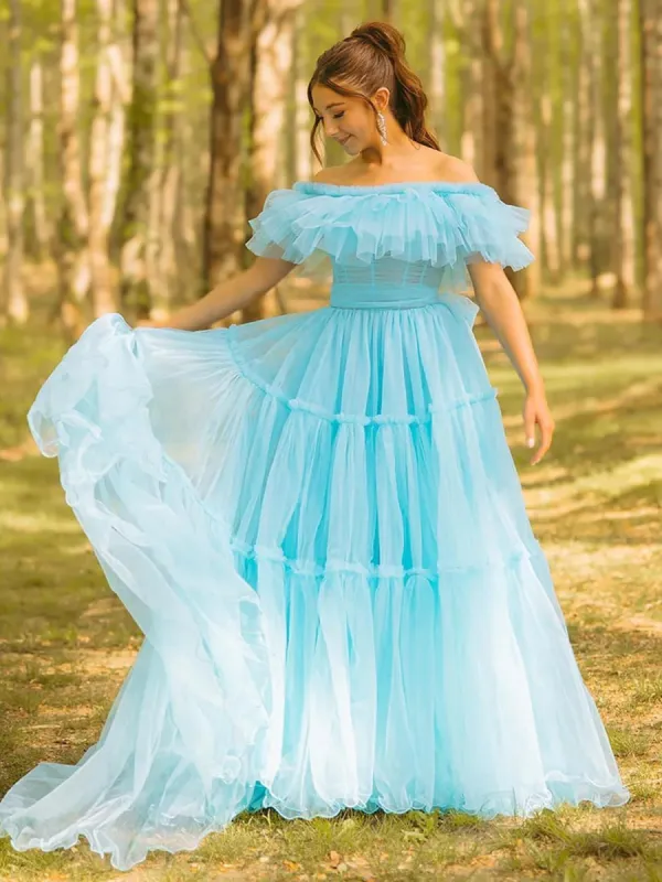Mikelle | Ruffles Off the Shoulder Corset A-line Long Formal Dress sold by KissProm