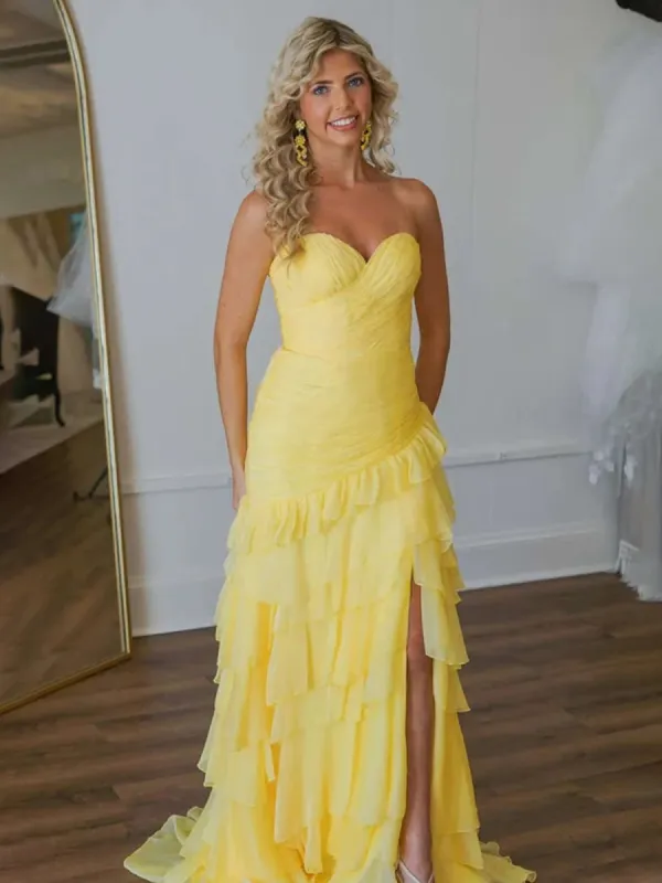 Aurora | Ruched Ruffle Fitted Yellow Long Prom Dress with Slit sold by KissProm