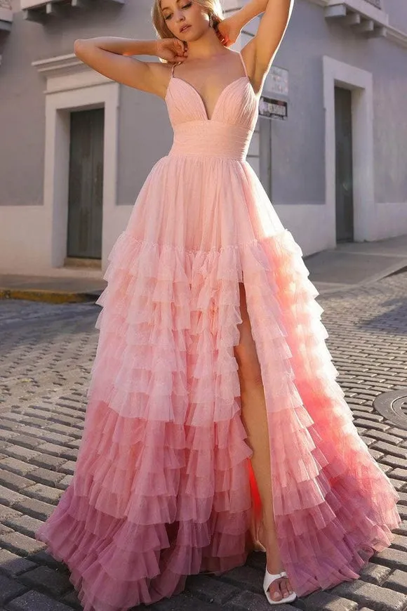 Linae | A Line V Neck Lilac Tulle Prom Dresses with Slit sold by KissProm product image thumbnail 5