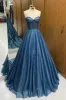 Leon | Navy Blue Sequin Beaded Sweetheart A-Line Long Prom Dress sold by KissProm