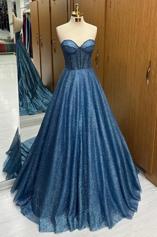 Leon | Navy Blue Sequin Beaded Sweetheart A-Line Long Prom Dress sold by KissProm