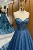 Leon | Navy Blue Sequin Beaded Sweetheart A-Line Long Prom Dress sold by KissProm