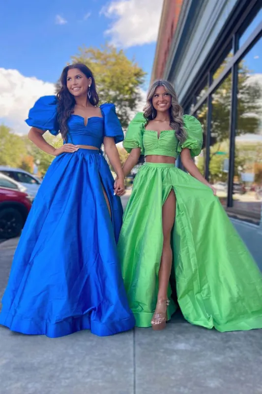 Makai | Green Two-Piece Puff Sleeves Satin Long Prom Dress With Split sold by KissProm